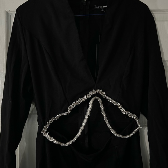 Fashion Nova formal jumpsuit, L ,blk w diamond trimmed open outlines, New, tags - Picture 2 of 11